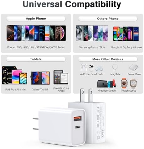 LCGENS USB C Wall Charger Block 20W, 2-Pack Dual Port PD Power Delivery Fast Type C Charging Block Plug Compatible with iPhone 11/12/13/14/15/16/Pro Max, XS/XR/X, Ipad Pro, Samsung Galaxy - Image 3