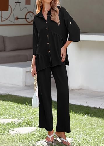 KIRUNDO Two Piece Sets for Women Summer Outfits 2025 Dressy Casual Half Sleeve Button Down Shirt Wide Leg Pants Lounge Set - Image 4