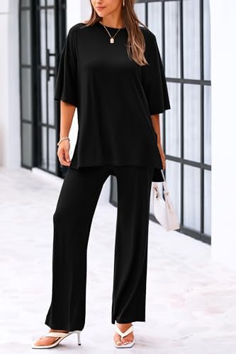 KIRUNDO Womens 2 Piece Outfits 2025 Summer Casual Loose Short Sleeve Pullover Tops & Wide Leg Pants Lounge Sets Tracksuit - Image 3