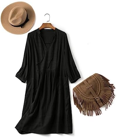 Lafural Womens V Neck Cotton Casual Loose Shift Tunic Smock Summer Dresses Vacation Dress 3/4 Sleeve Pocket - Image 2