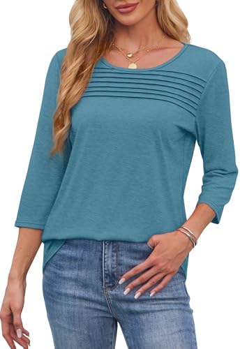OFEEFAN Womens Tops 3/4 Length Sleeve Blouses Dressy Casual Spring Summer Outfits Pleated Front T Shirts Curved Hem - Image 3