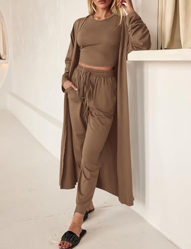 KIRUNDO Women Spring 3 Piece Outfits Casual Fall Long Sleeve Long Cardigan Sleeveless Crop Top Drawstring Pants Lounge Sets - Image 4