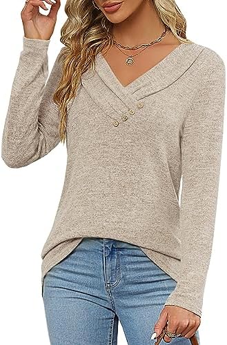 Women's Fall Long Sleeve Tunic Tops for Leggings V Neck Button Casual Blouse Sweatshirt - Image 4