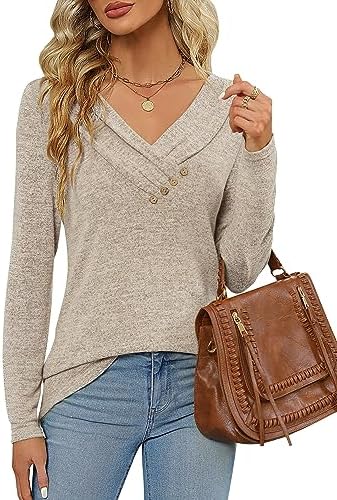 Women's Fall Long Sleeve Tunic Tops for Leggings V Neck Button Casual Blouse Sweatshirt - Image 5