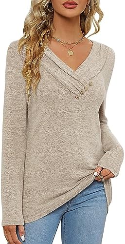 Women's Fall Long Sleeve Tunic Tops for Leggings V Neck Button Casual Blouse Sweatshirt - Image 3