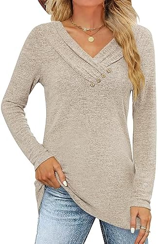 Women's Fall Long Sleeve Tunic Tops for Leggings V Neck Button Casual Blouse Sweatshirt