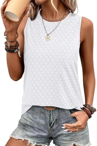 SAMPEEL Womens Tank Tops Eyelet Loose Casual Summer Tops Crew Neck Basic Sleeveless Shirts Trendy 2025