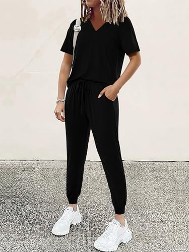 MASCOMODA Womens 2 Piece Outfits Summer Casual V Neck Short Sleeve Tops Long Pants Tracksuit Lounge Jogger Set with Pockets - Image 3
