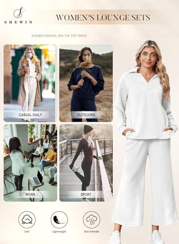 SHEWIN 2 Piece Sets for Women Collared V Neck Long Sleeve Polo Shirts Tops Lounge Set Tracksuits Sweatsuits - Image 5