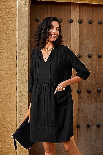 Lafural Womens V Neck Cotton Casual Loose Shift Tunic Smock Summer Dresses Vacation Dress 3/4 Sleeve Pocket - Image 5