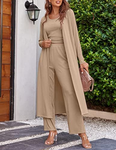 Ekouaer Women's 3 Piece Knit Lounge Set Pajama Long Sleeve Cardigan Sleeveless Top Pants Sweatsuit S-XXL - Image 3