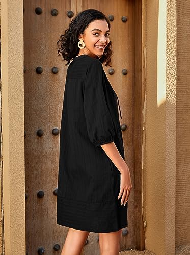 Lafural Womens V Neck Cotton Casual Loose Shift Tunic Smock Summer Dresses Vacation Dress 3/4 Sleeve Pocket - Image 6