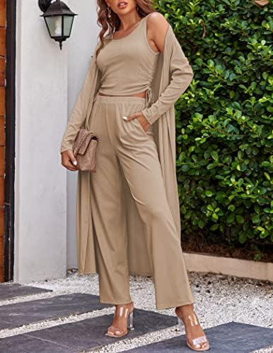 Ekouaer Women's 3 Piece Knit Lounge Set Pajama Long Sleeve Cardigan Sleeveless Top Pants Sweatsuit S-XXL - Image 4