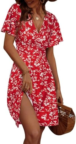FENSACE Womens Sundress Summer Floral Short Sleeve Wrap V Neck A-Line Midi Dress