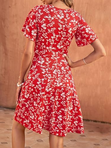 FENSACE Womens Sundress Summer Floral Short Sleeve Wrap V Neck A-Line Midi Dress - Image 4