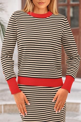 PRETTYGARDEN Women's 2 Piece Striped Sweater Set Casual Fall Long Sleeve Knit Pullover Midi Skirts Matching Travel Outfits - Image 7