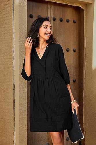 Lafural Womens V Neck Cotton Casual Loose Shift Tunic Smock Summer Dresses Vacation Dress 3/4 Sleeve Pocket - Image 3