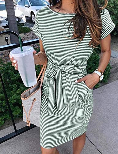 MEROKEETY Women's Summer Striped Short Sleeve T Shirt Dress Casual Tie Waist with Pockets - Image 2