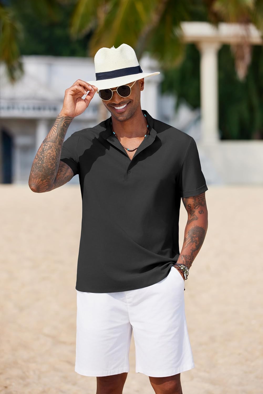 COOFANDY Men's Casual Henley Shirt Short Sleeve Band Collar Shirt Summer Beach Hippie Vacation T Shirt with Button - Image 2
