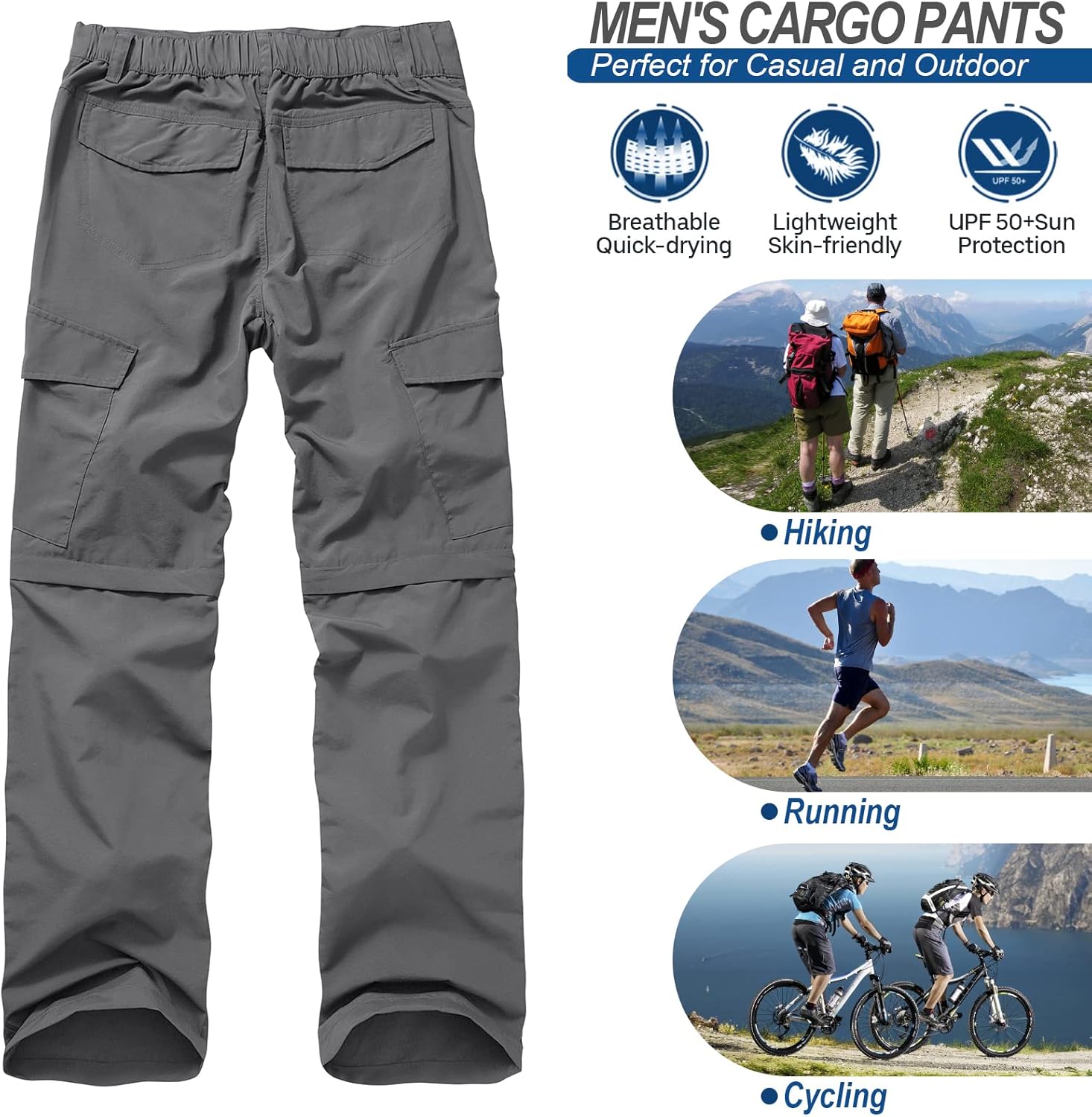 Mens Hiking Pants Quick Dry Lightweight Fishing Convertible Zip Off Safari Trousers - Image 6