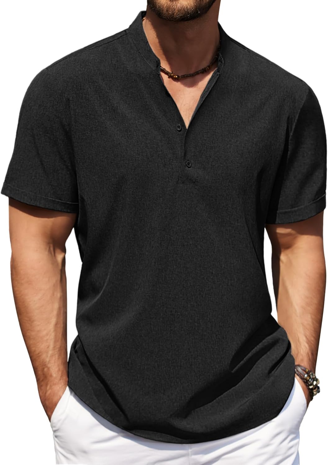 COOFANDY Men's Casual Henley Shirt Short Sleeve Band Collar Shirt Summer Beach Hippie Vacation T Shirt with Button