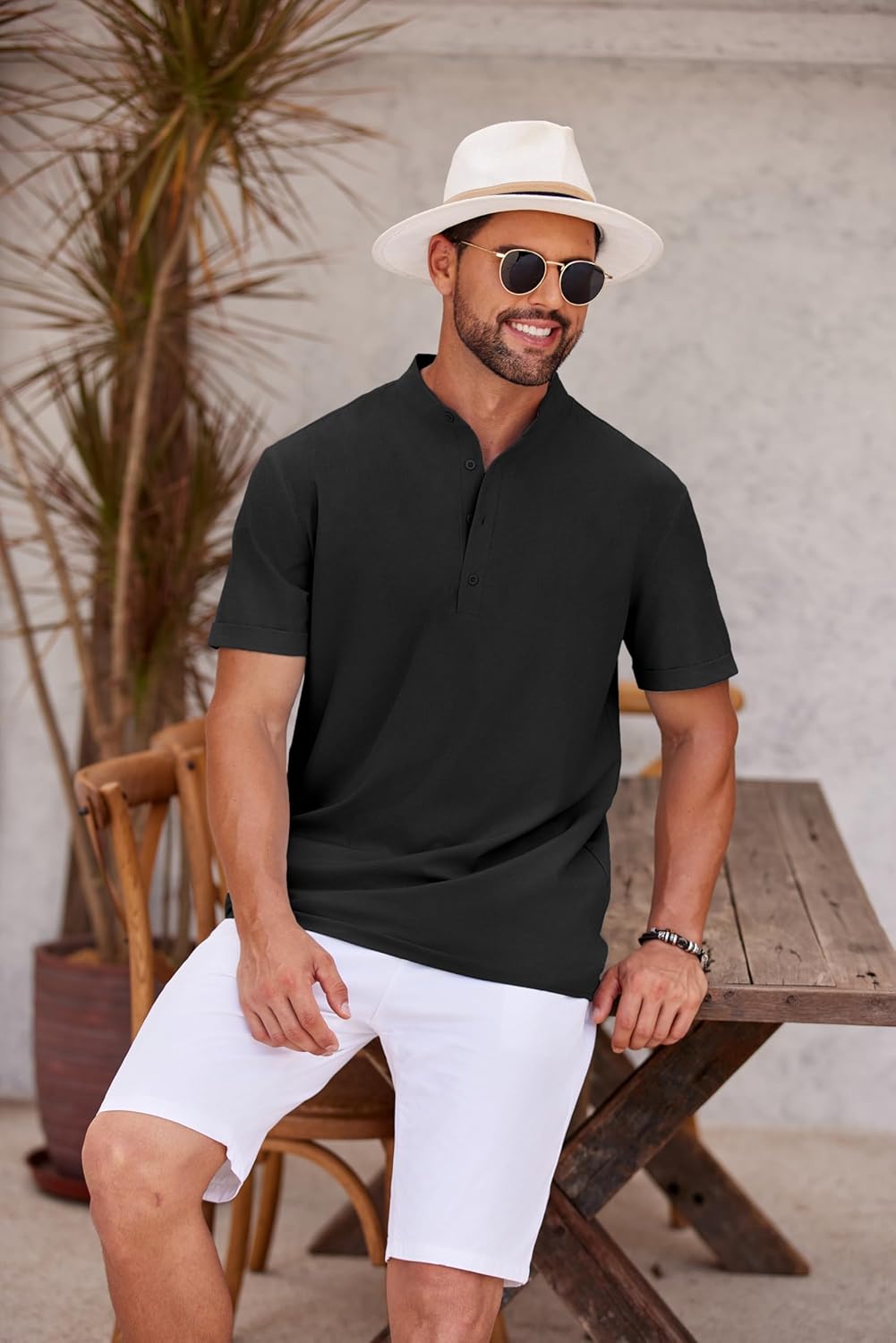 COOFANDY Men's Casual Henley Shirt Short Sleeve Band Collar Shirt Summer Beach Hippie Vacation T Shirt with Button - Image 4