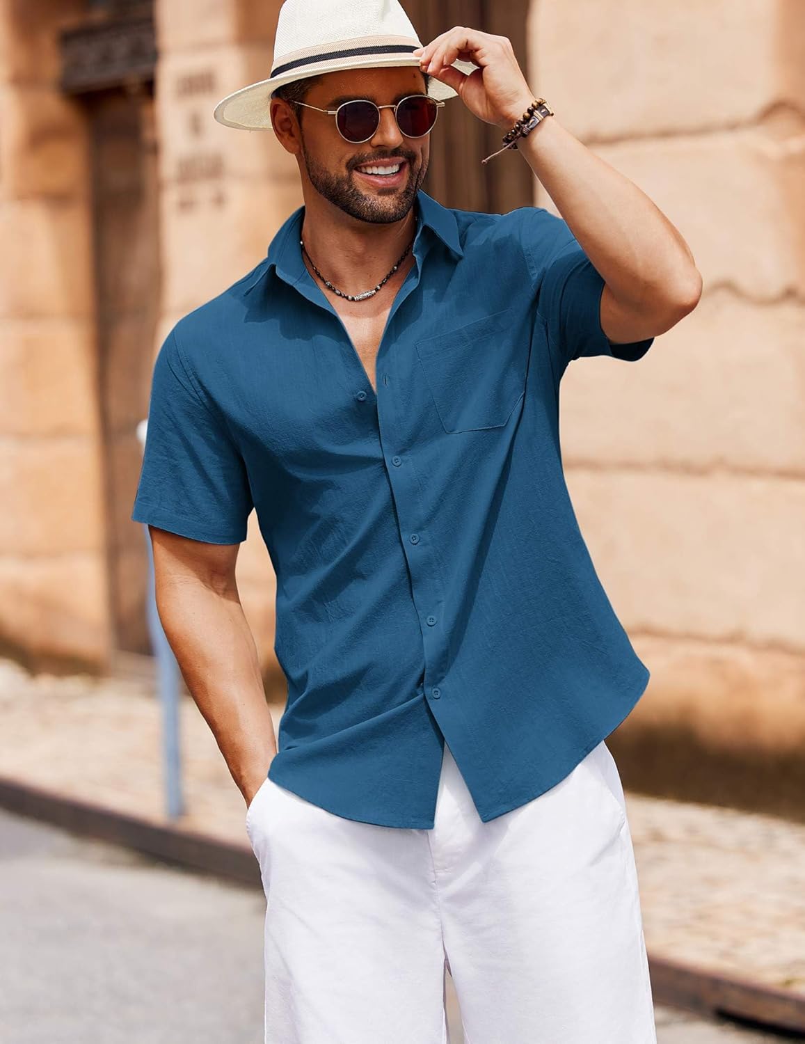COOFANDY Men's Button Down Short Sleeve Shirt Casual Cotton Summer Beach Wedding Shirts with Pocket - Image 2