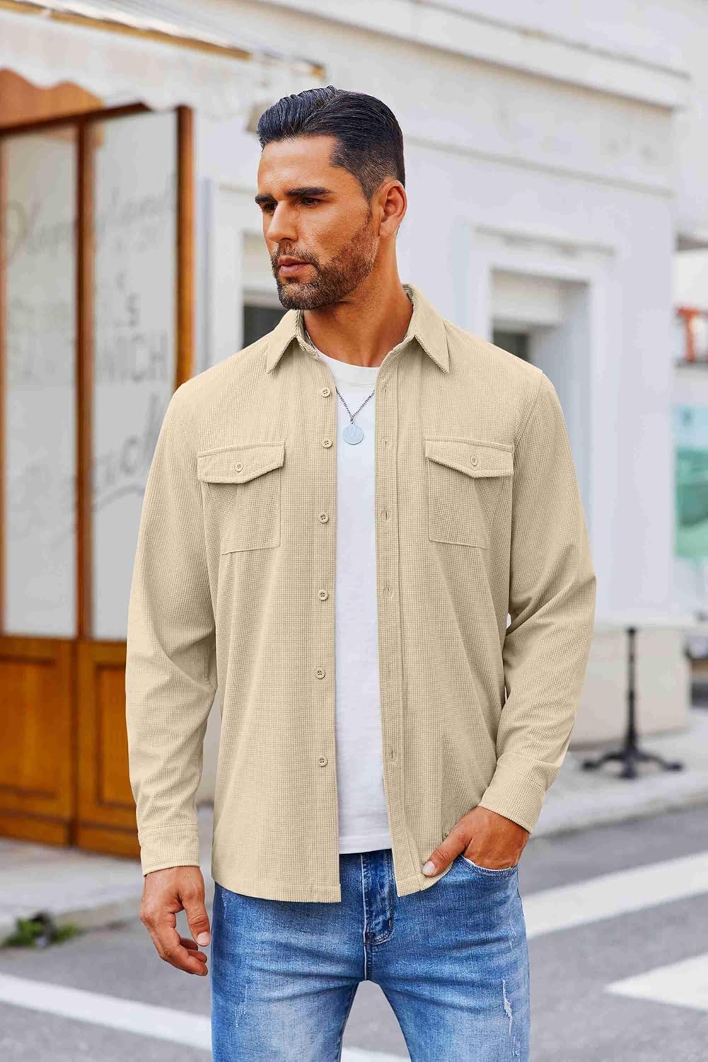 COOFANDY Men's Button Down Waffle Shirt Jacket Casual Long Sleeve Shacket Lightweight Overshirts with Flap Pockets - Image 3