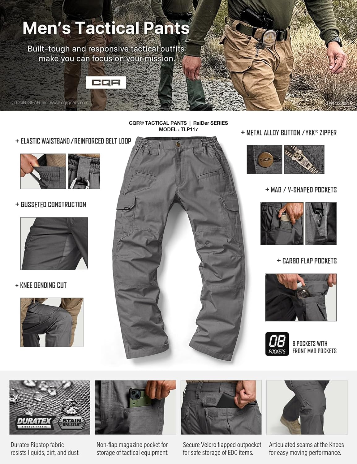 CQR Men's Tactical Pants, Water Resistant Ripstop Cargo Pants, Lightweight EDC Work Hiking Pants, Outdoor Apparel - Image 8