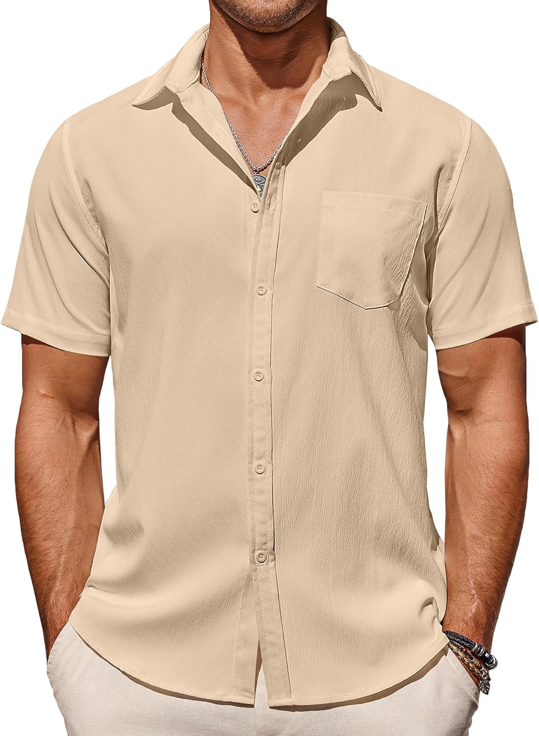 COOFANDY Men's Casual Summer Beach Wrinkle Free Shirts Short Sleeve Button Down Lightweight Untucked Textured Shirt